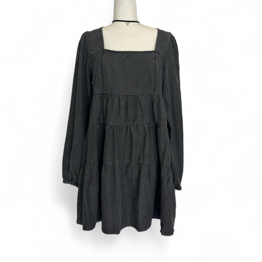 Square Neck Dark Wash Tiered Long Sleeve Denim Dress L - Picture 2 of 9